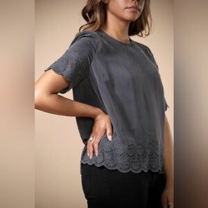 Madewell Moondial 100% Silk Blouse Gray Top Eyelet Detail XS Shirt